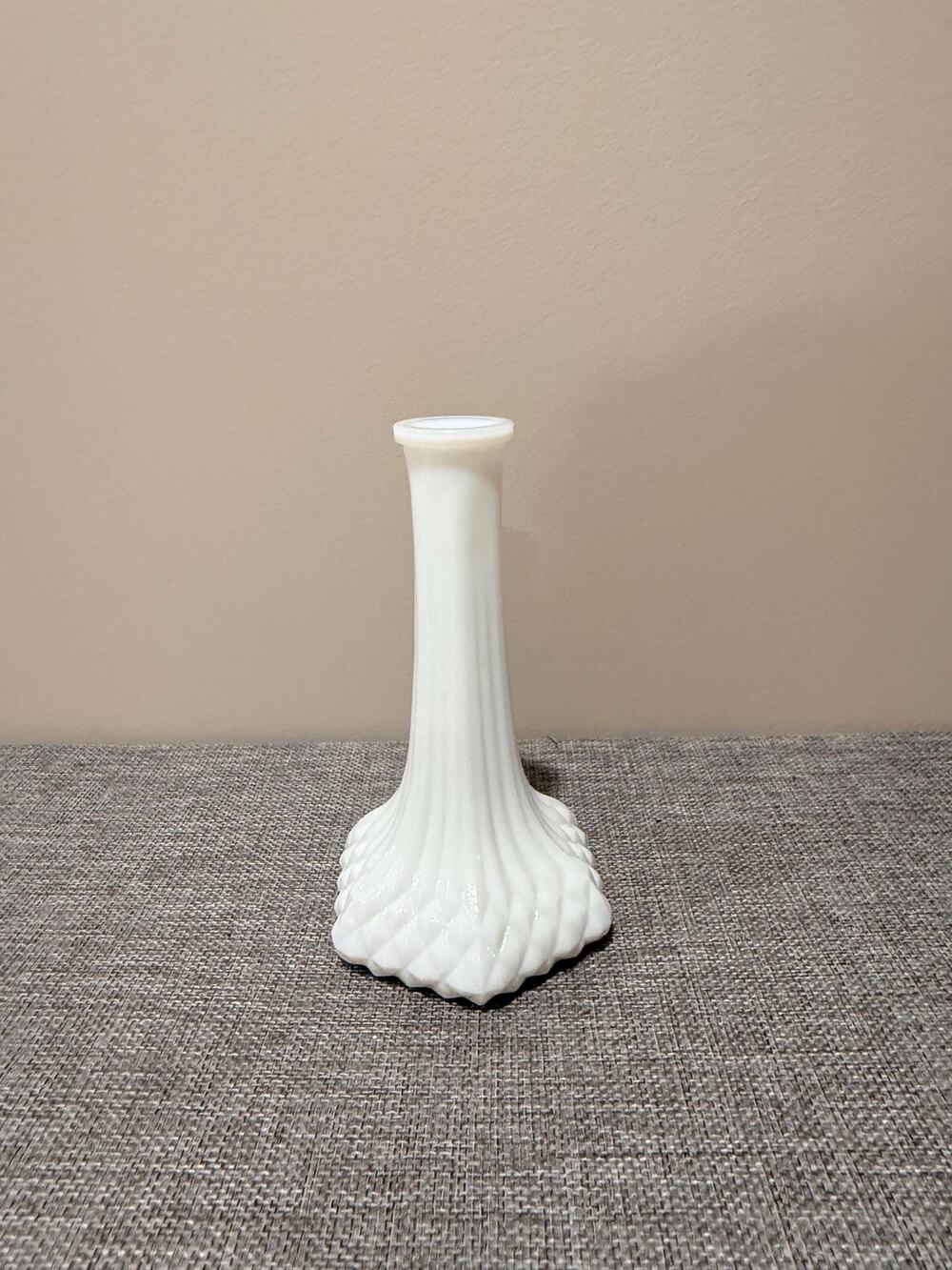 Vintage White Milk Glass Bud Vase, Fluted Ribbed Neck, Diamond Base Pattern